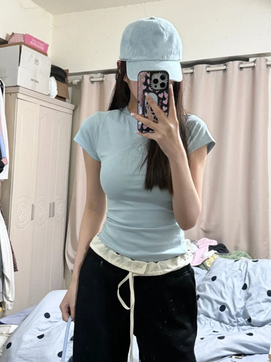 Slim Fit Short Sleeve T-Shirt Women's Summer Design Sense Home Girl American Retro Shoulder Line Waist Cinched Short Top