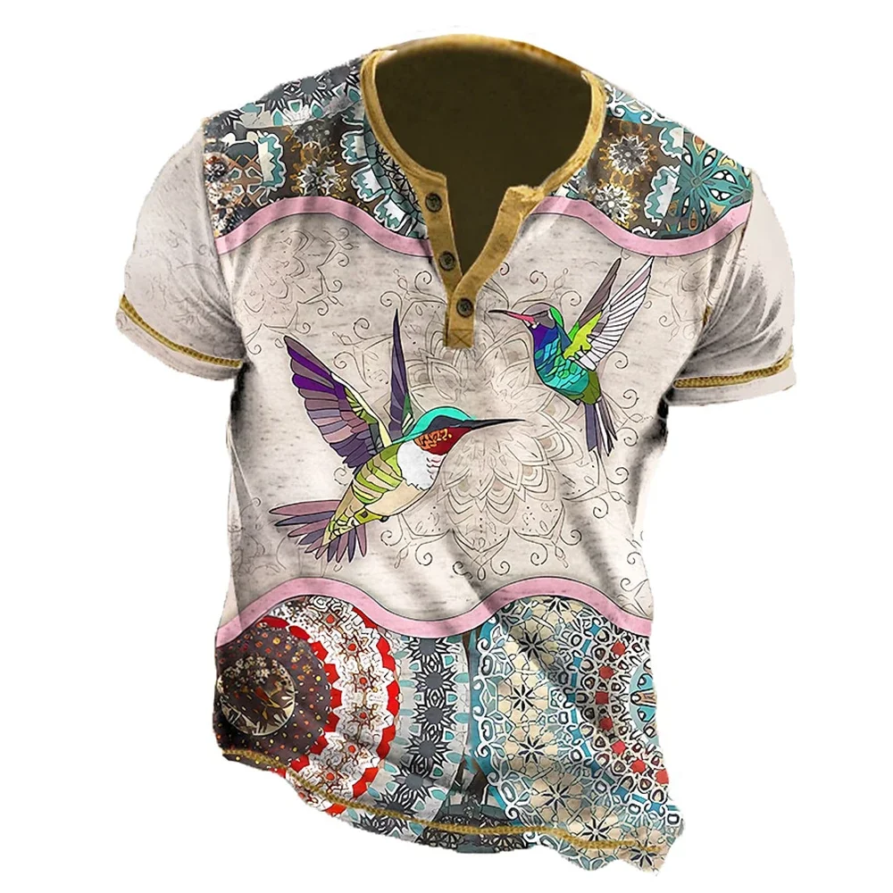 2023 Fashion Trend Button Men's T-Shirt Fitness Sports Short Sleeve Summer Undershirt Animal Bird Element 3D Printed Men's Top