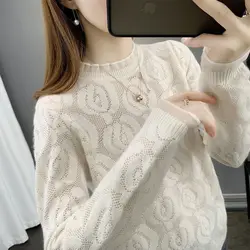 New Loose Sweater Women's Knitted Sweater Spring and Autumn Korean Version Lace Lazy Style Hollow Out Western-style Base Shirt