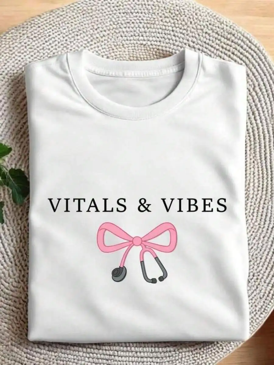 Coquette Vitals And Vibes Cute Stethoscope Graphic Tee For Women, Nurse Appreciation Medical Student T-Shirt, Crew Neck Short Sleeve Summer Casual Gift Top