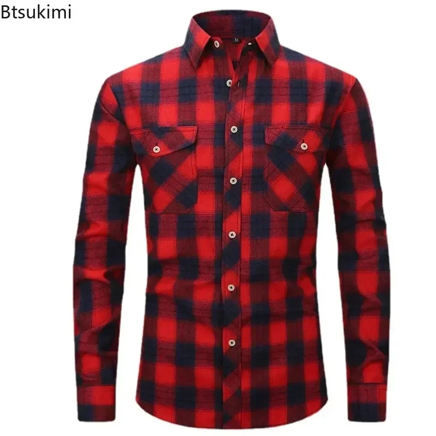 New2025 Men's Warm Social Shirts Plaid Style Autumn Winter Flannel Warm Casual Shirts Plaid Tops Long Sleeve Business Shirts Men