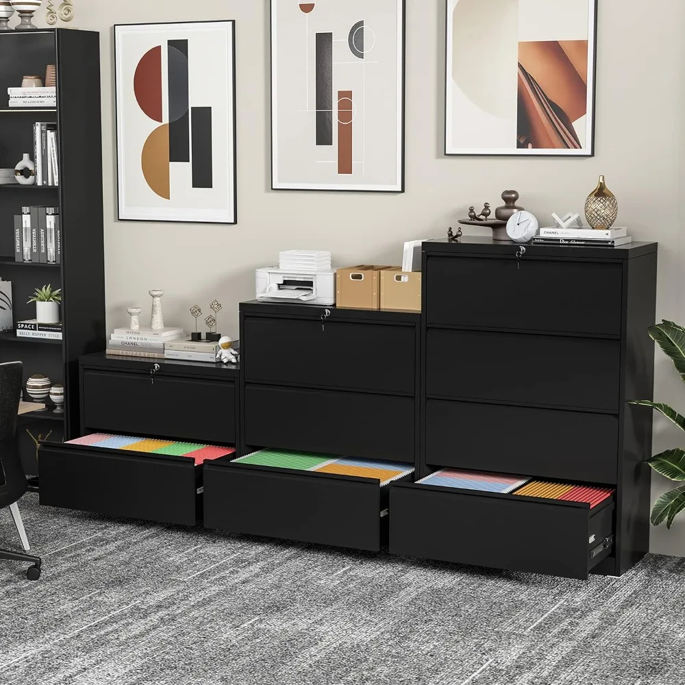 Lateral File Cabinet 2 Drawer Black, Metal 2 Drawer Filing Cabinet with Lock for Home Office, Locking File Cabinet for Letter