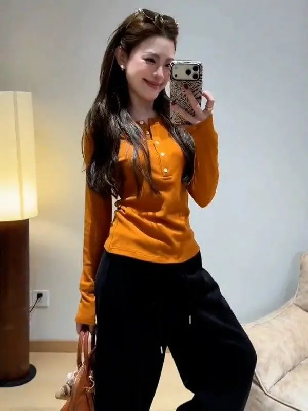 

Slim Fit Long Sve round Ne T-irt Women's Early Spring Commute Casual Versatile Base Layer Top Simple Pure Color Design