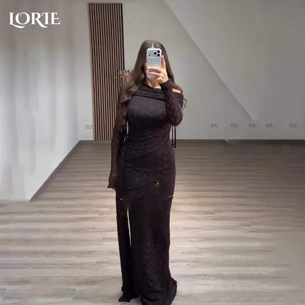 

LORIE Modest Crepe Evening Dresses Elegant Lace Off Shoulder Pleats Mermaid Arabia Prom Gown Ruffle Party Dresses Customized