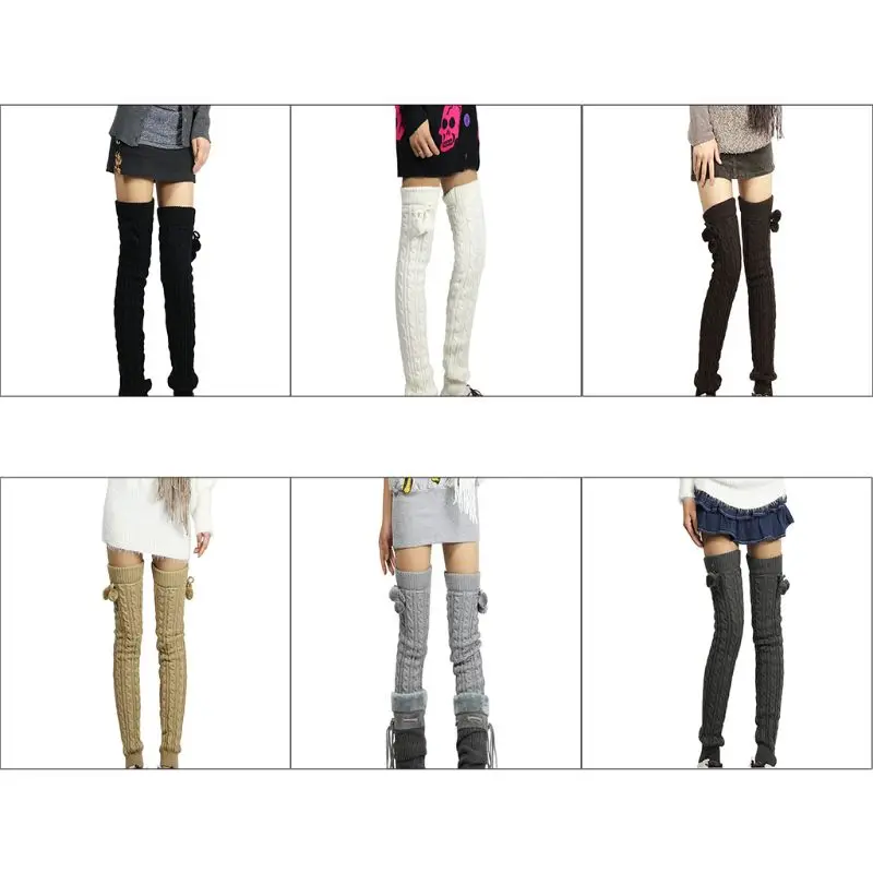 Women Girls Braided Striped Long Leg Warmer Winter Knitted Bow Warm Boot Cuffs