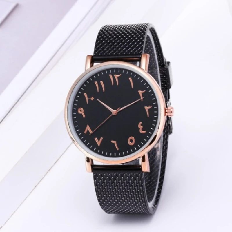 

Arabic Numerals Mesh Strap Watch Unisex Creative Reverse Quartz Watch Simple Plastic Strap Rose Gold Strap Clock reloj hombre