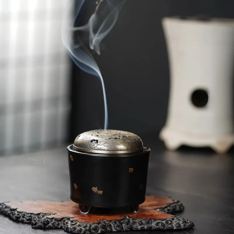 Antique Black Glaze Sprinkled Gold Cylinder Electric Incense Burner 24-hour Constant Temperature Ceramic Home Meditation Stove