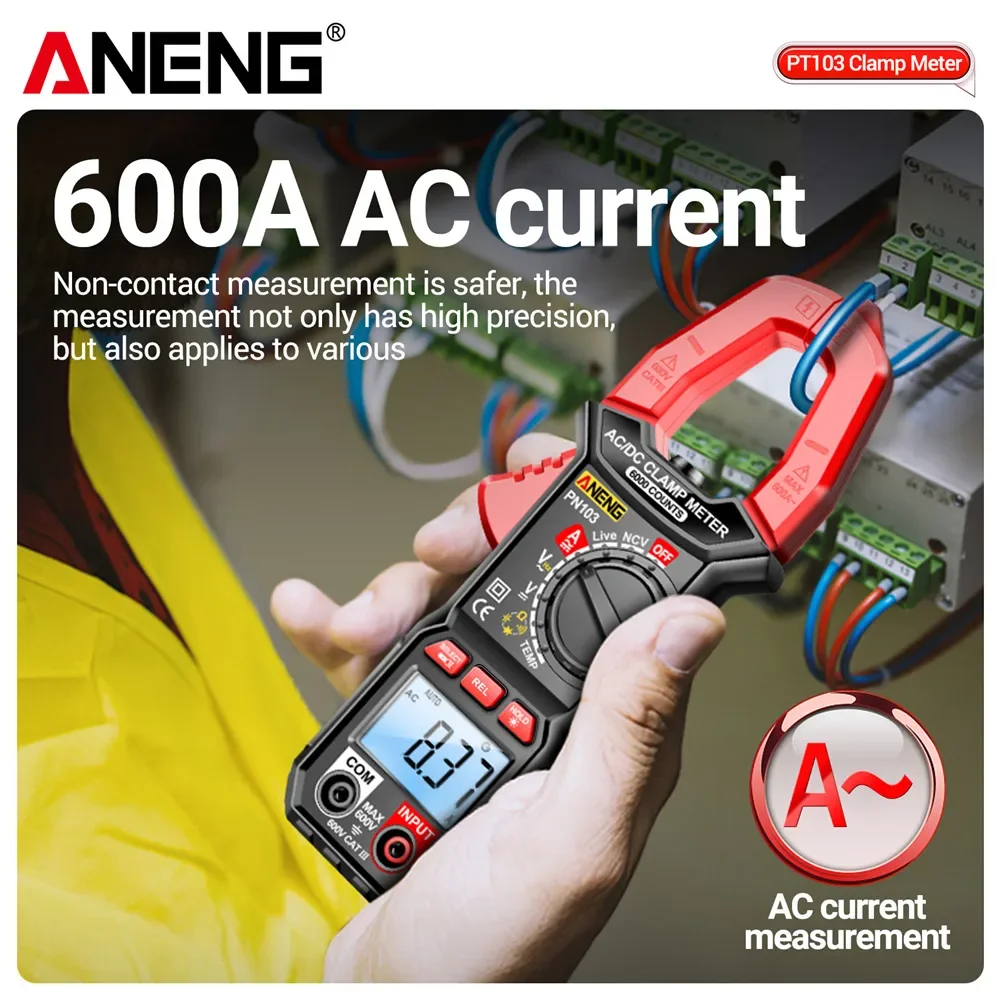 Imagem -03 - Corrente Clamp Meter Multímetro Digital 600a Voltage Tester 6000 Contagens hz Capacitância Ncv Ohm Diodo Testadores Aneng-pn103 ac dc