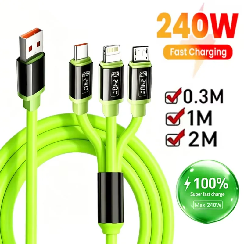 Kabel szybkiego ładowania 3 w 1 o mocy 240W, odpowiedni do ładowania przez Micro USB i Type C, z wieloma portami USB, kompatybilny z iPhone i Huawei.