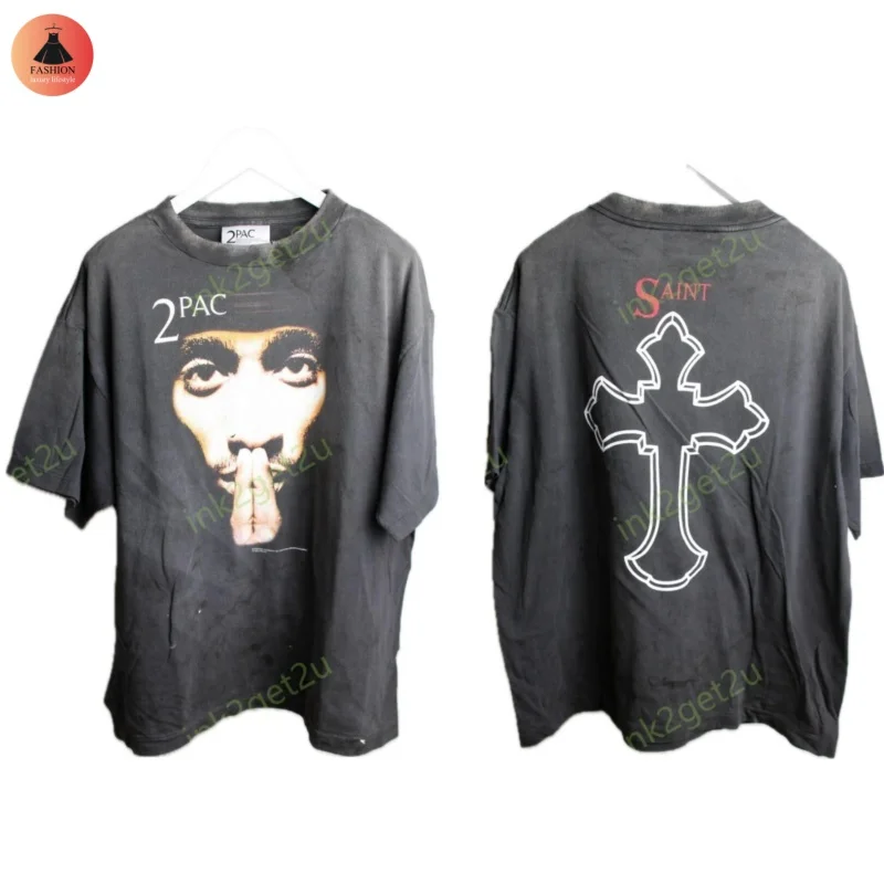 

Saint 25SS ‘1998 2pac Keep The Faith’ Washed T-shirt High Quality 1:1 New Men's Women's Crew Neck Short sleeve T-shirt Tops