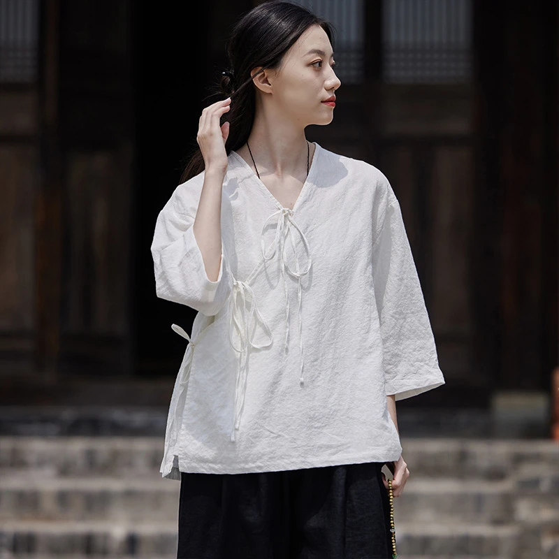 女性用リネンとコットンのカジュアルシャツ,Vネック,無地,ルーズフィット,中国製,新品,夏,2019, m601