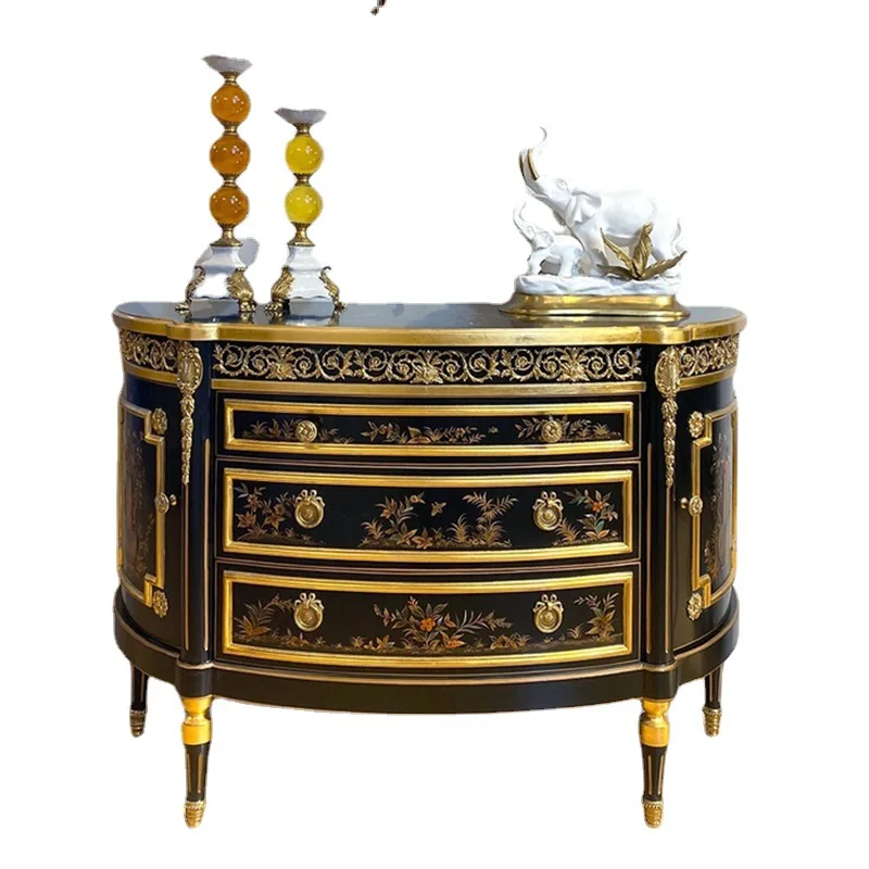 

Retro entrance cabinet European black semi-circular hand-painted decorative cabinet Villa luxury entrance hall cabinet furniture