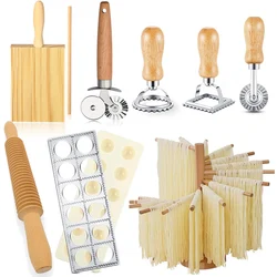 Wooden Ravioli Rolling Pin Foldable Pasta Drying Rack Ravioli Mold Pasta Stamps Roller Wheel Pizza Slicer for Pasta Making Tools