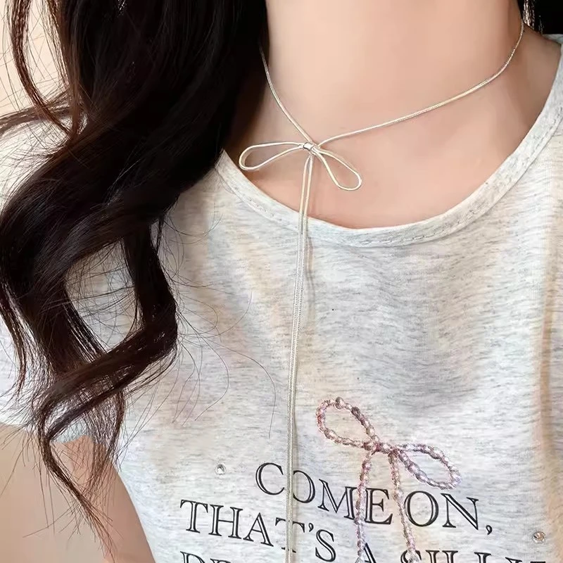 Simple Bowknot Drawstring Long Necklace for Women Exquisite Big Bow Tassel Chain Choker Trend Jewelry Accessories Gifts