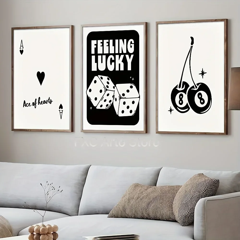 3pcs frameless - Lucky Ace of Hearts Canvas Art Prints - Black & White Vintage Poker Theme Wall Decor for Bedroom, Living