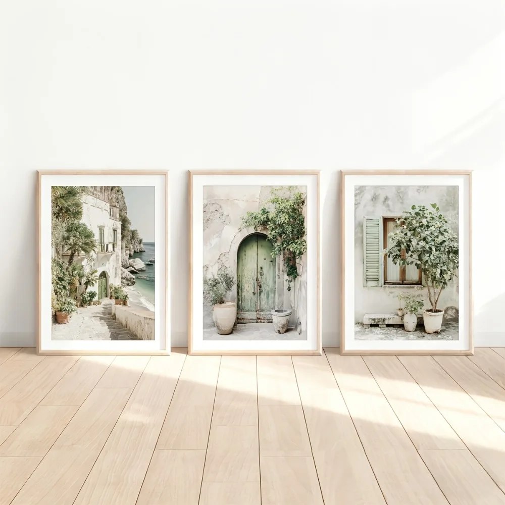 3pcs frameless Canvas Painting 3pcs Frameless Italian Coastal Village,Mediterranean Architectural Photography Canvas in Sage Gre