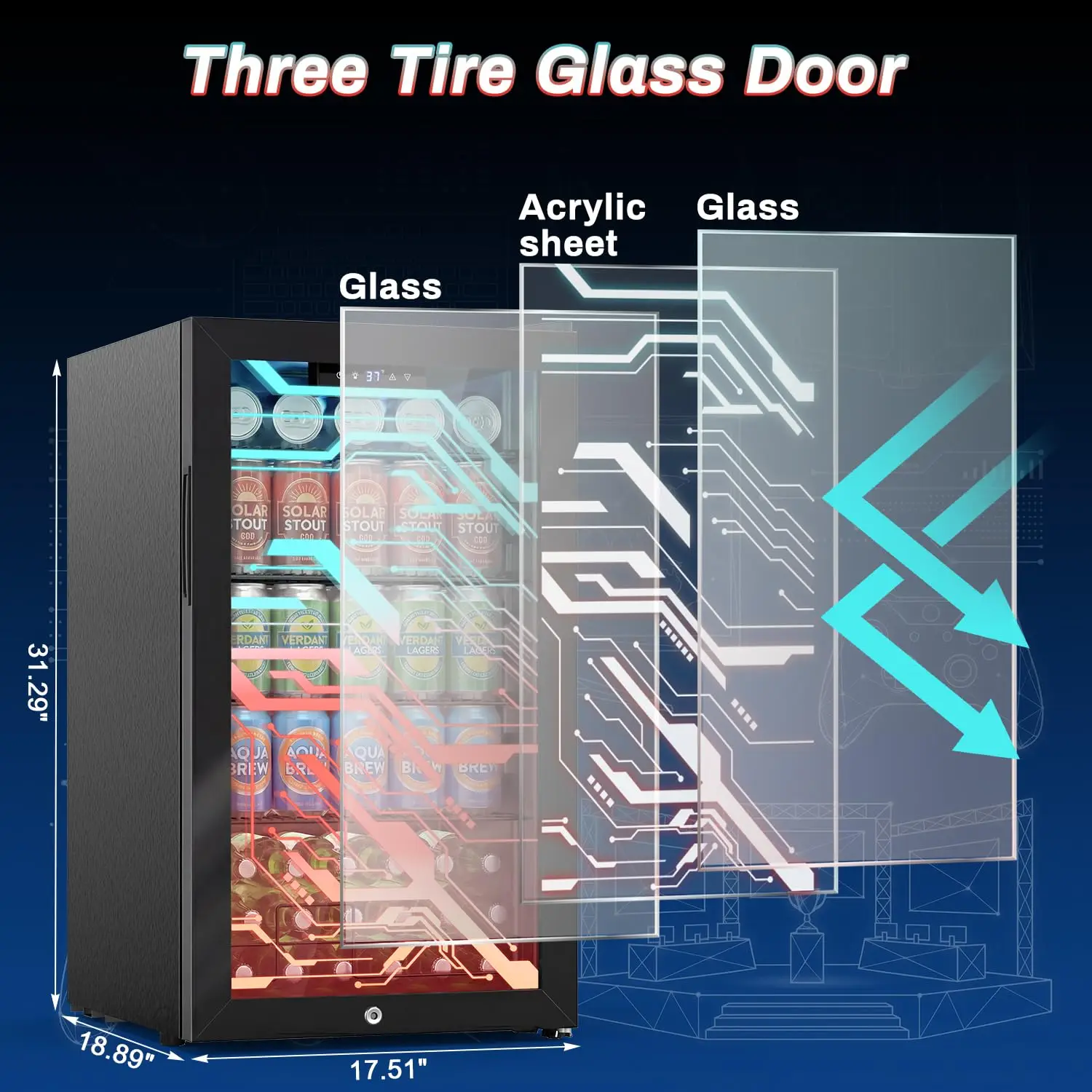 Glass Door Beverage Fridge, 3.2 Cu Ft Lockable Mini Fridge with Lights For Soda Beer Cooler Gaming Room Bar, Customized