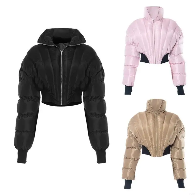 

2025 New Women Winter Lapel Collar Zipper Up Puffer Jackets Tight Waist Padded Coat