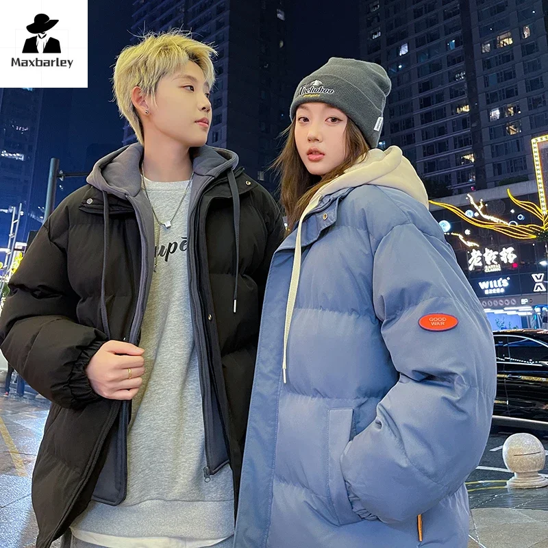 

Fashion Jacket for Men Women Winter New Harajuku Thick Fake 2-piece Hooded Down Cotton Padding Jacket Men's K-Pop Ski Warm Coat