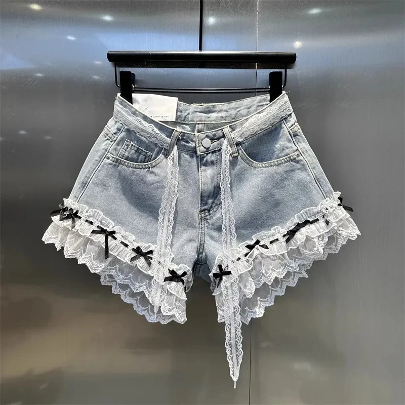 Women's 2026 New Denim Shorts High Waist Embroidered Lace Splicing Loose Versatile Wide-leg A-shaped Hot Pants