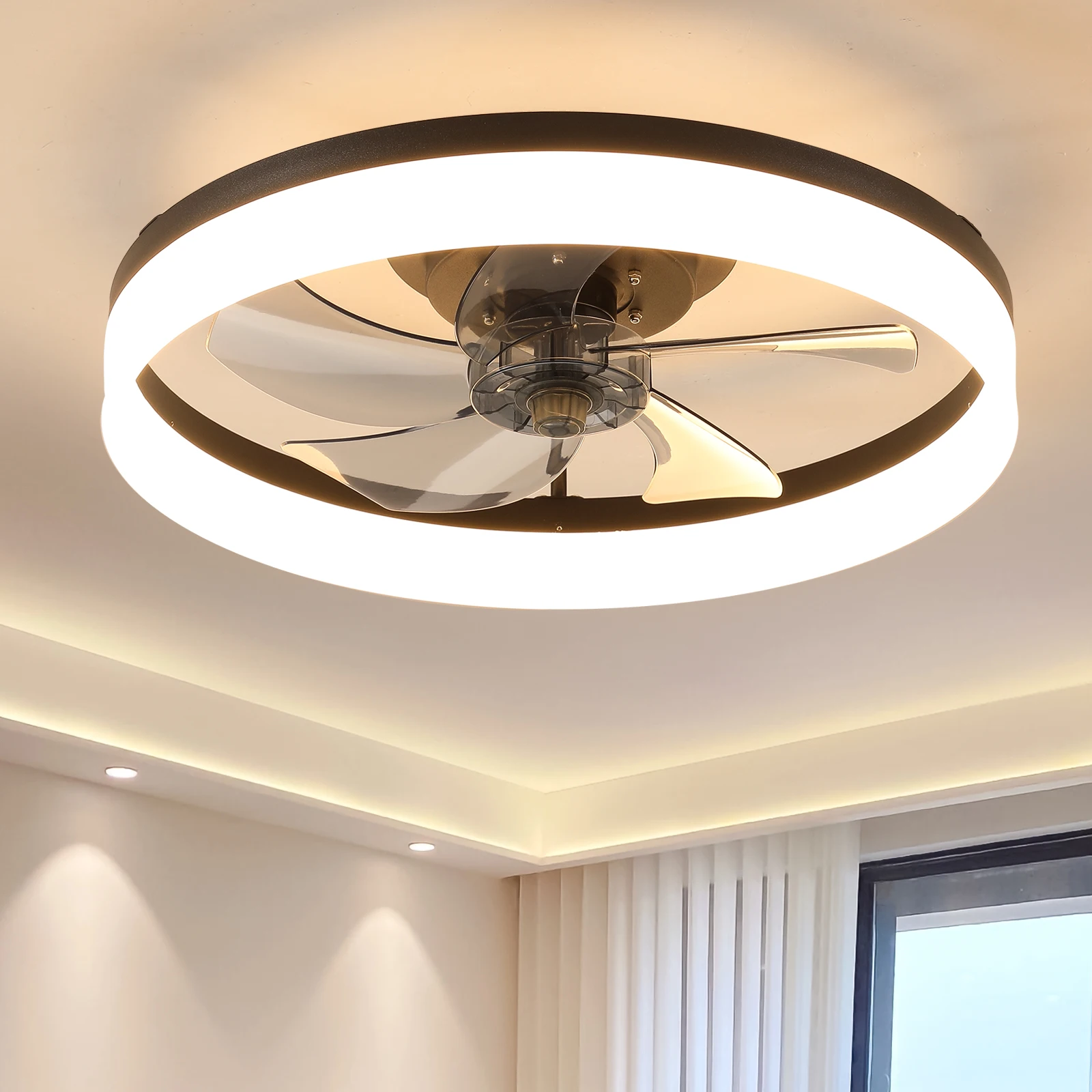 LED fan light ，20 inch modern acrylic black ceiling fan light with remote control, dimmable , 6-speed adjustable, silent motor