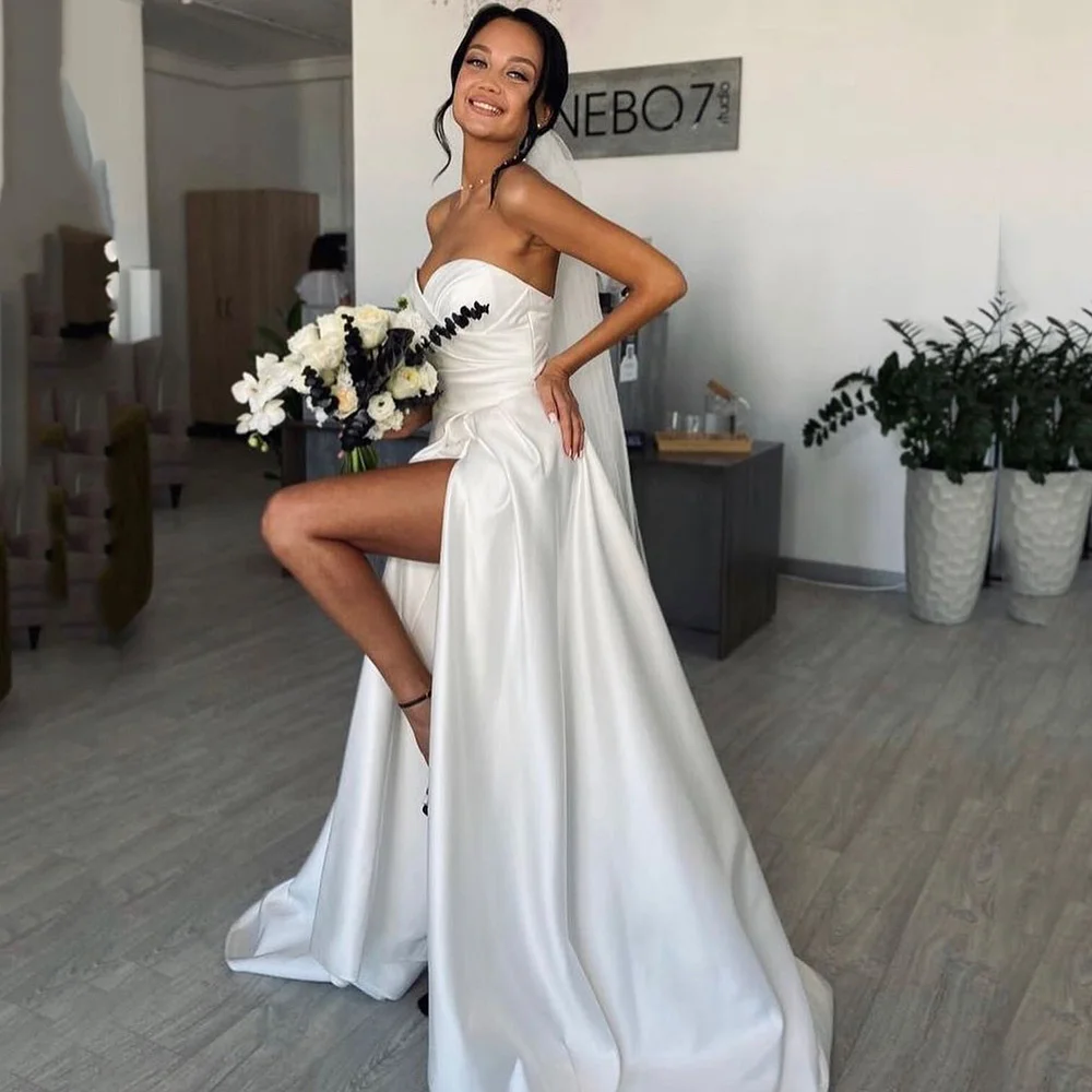 

Vestido de Noiva 2024 White China Wedding Dresses Satin Bride Dress Cheap Sweetheart Pleats Split Side Wedding Gowns Church