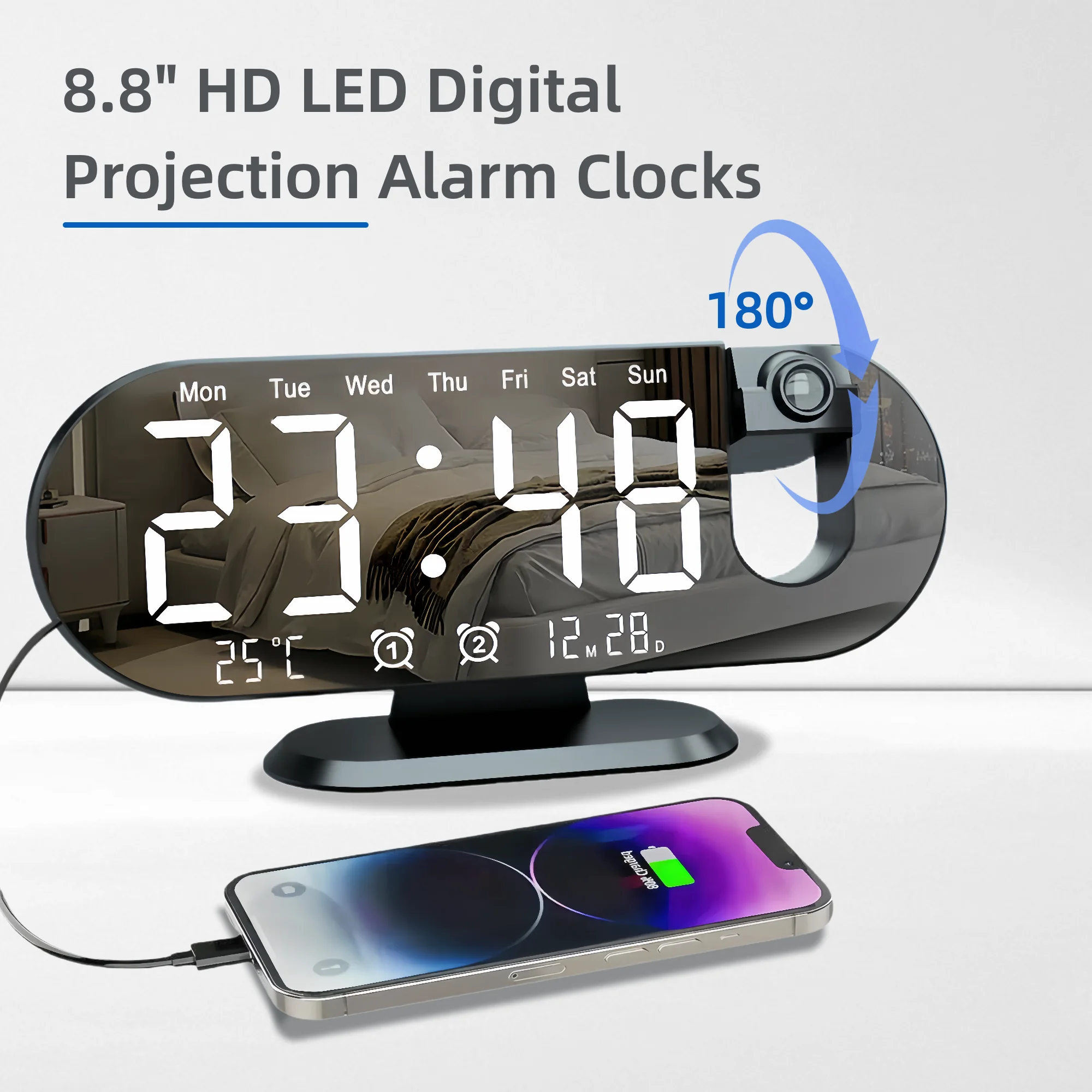 Projection Alarm Clock Bedroom 180° Rotating LED  Large Display Ceiling Projector Dual Alarm Dimmer  USB Charging Digital Clock Home Decor Holiday Gift