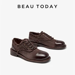 BEAUTODAY Oxfords Women Horse Leather Splicing Lace-up Denim Short Tassels Western Fashion Cowgirl Shoes handmade 21663
