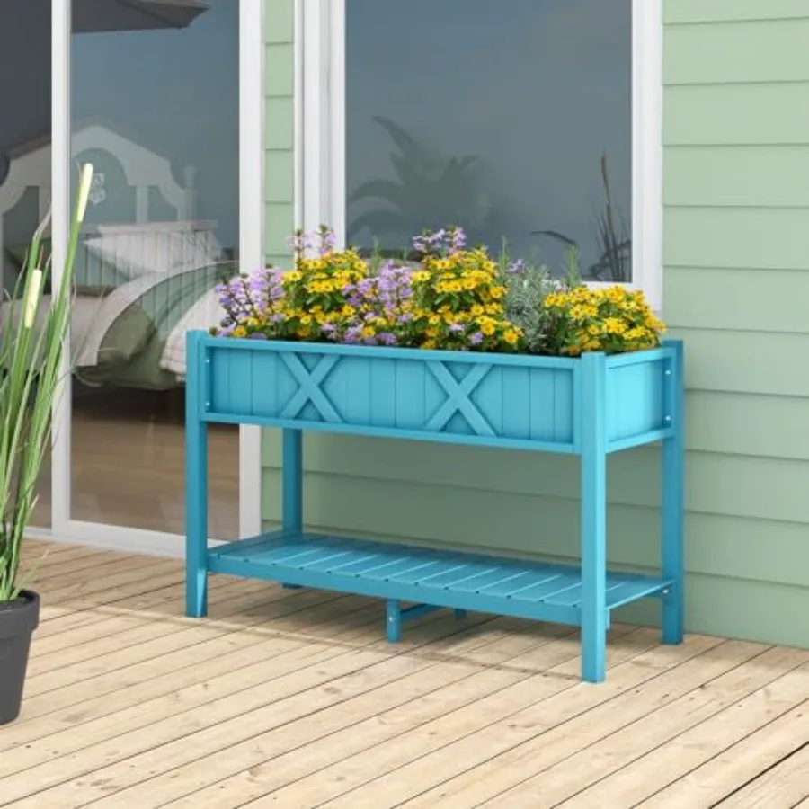 HIPS Raised Garden Bed, Elevated Planter Box w/Legs, Storage Shelf, Drainage Holes, Weather-Proof Standing Raised Beds for Back