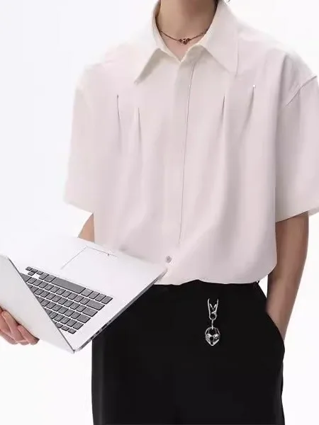 

Мужская летняя рубашка свободного кроя, однотонная, с коротким рукавом, новая повседневная деловая модная модель, стильный топ с пуговицами, из полиэстера