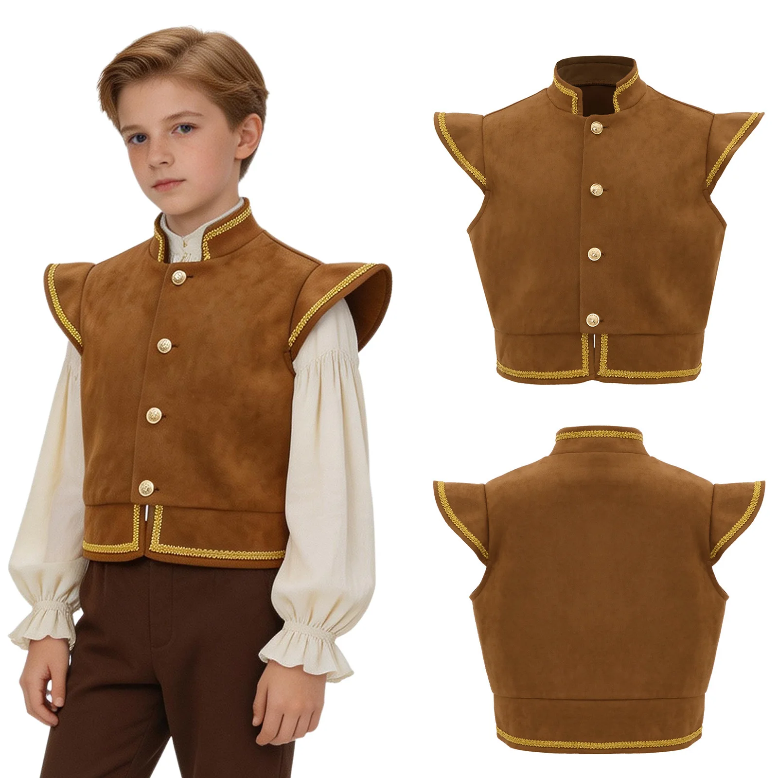 Kids Boys Medieval Renaissance Vest Halloween Carnival Viking Pirate Costume Stand Collar Cap Sleeve Faux Suede Retro Waistcoat