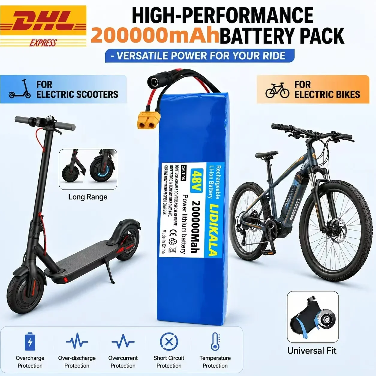LIDIKALA 13S3P 48V 200Ah Lithium-Ionen-Akku mit großer Kapazität, eingebautem Sicherheits-BMS, Ersatzakku für 500W-2000W Motor, Zubehör für städtische Elektrofahrräder, E-Bike-Akku.