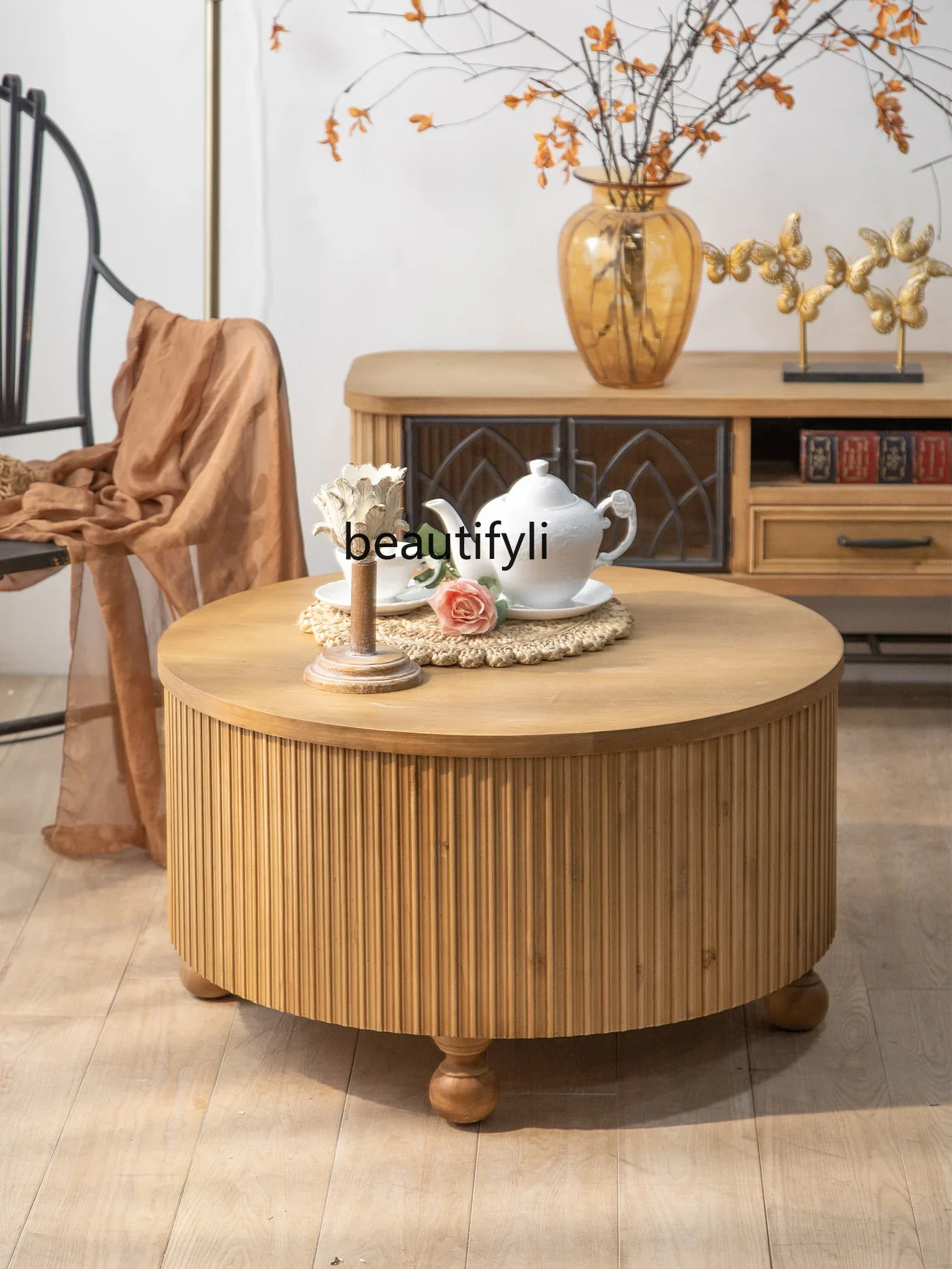 

FG11American-Style Retro Coffee Table Solid Wood round Tea Table Sofa Side Living Room Storage Cabinet Hotel round