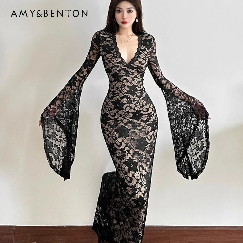 التصميم الفرنسي الأبيض رومانسية مثير الملابس النسائية 2025 الخريف جديد الدانتيل الكروشيه الخامس الرقبة متوهج كم التخسيس فساتين السيدات #1