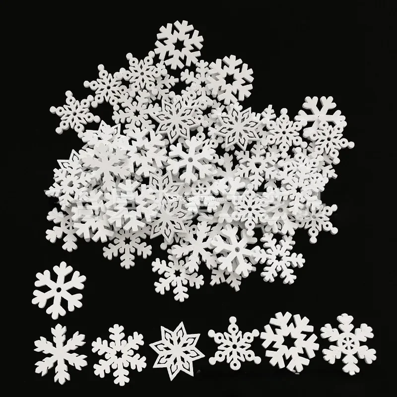 50PCS 25mm Mix Shape Wooden White Snowflakes Christmas Ornaments Xmas Pendants New Year Christmas Decorations for Home Party