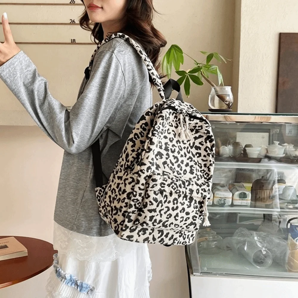 Corduroy Leopard Print Backpack Harajuku Lightweight Students School Bag Large Capacity Korean Style Students Daypack Work