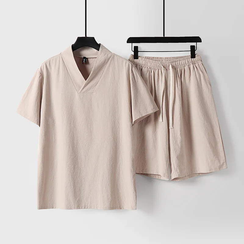 Men's Clothing Large Size Tracksuit 8XL 9XL Linen Short T-shirt Summer Suit 160kg Clothing Track Suit 5XL Cotton Husband Set