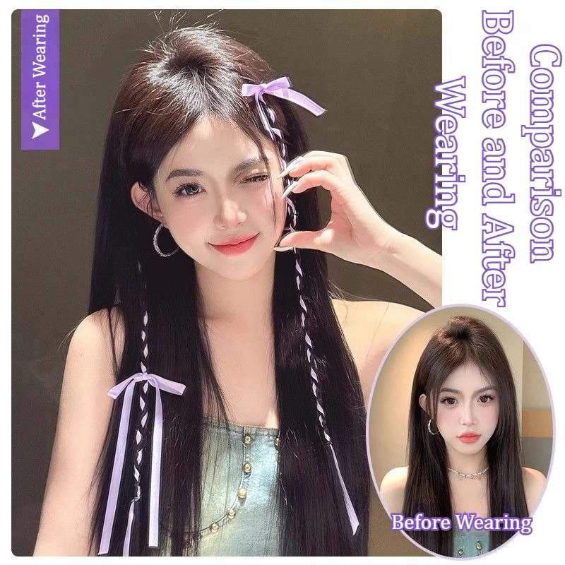 2/4PCS Ribbon Bow Boxing Braid for Women Fashion Twist Braided Daily Wig Braid Invisible BB Clip Hair Extension Y2K Braided Wig