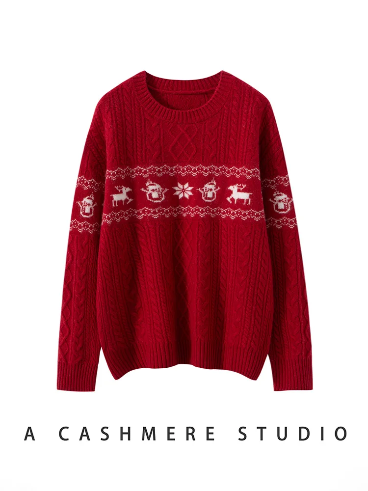 

New Year's Clothing 100% Cashmere Sweater Pullover Women's Jacquard O-Neck Knit Soft Autumn Winter Office Casual Loose Warm Tops