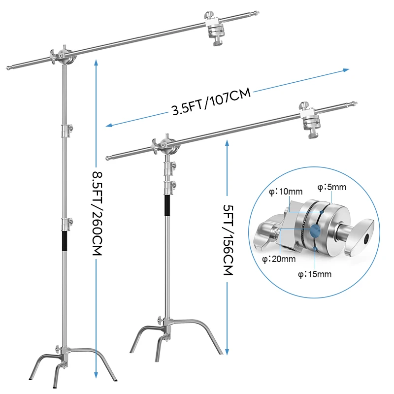 260CM Stainless Steel Heavy Duty C-Stand Tripod Support Photography Light Stand With 3.5ft/107cm Boom For Studio Softbox,Light