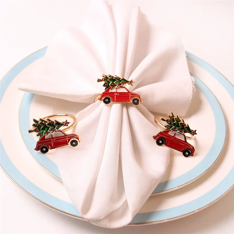 6 pçs bonito forma de carro metal guardanapo de natal anel titular multicolorido toalha tecido anel guardanapo fivela decoração de mesa