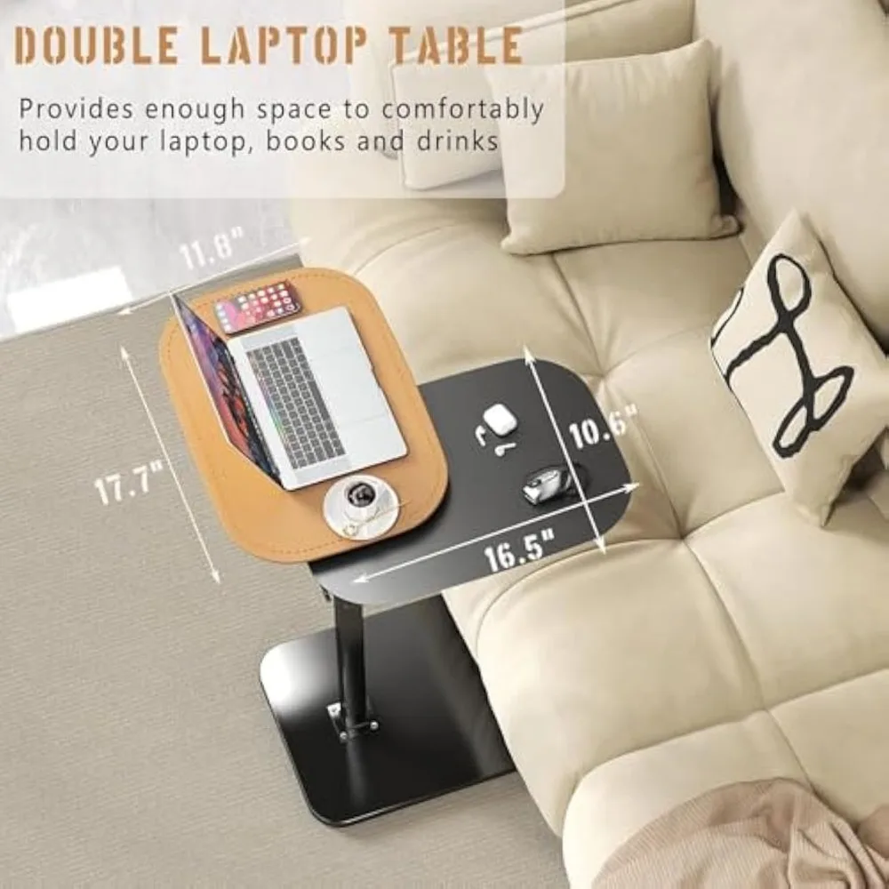طاولة جانبية دوارة بارتفاع قابل للتعديل على شكل حرف C مع سطح مزدوج للأريكة