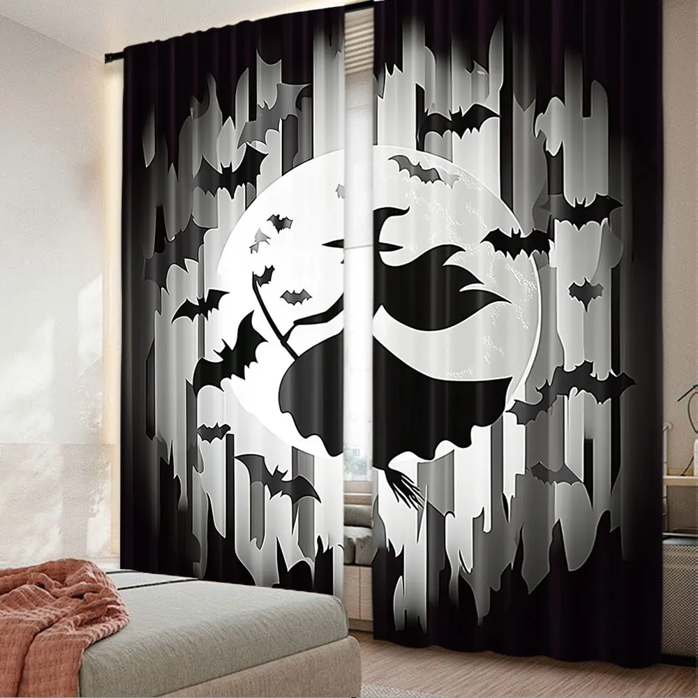 2Pcs Halloween Witch Curtains Spooky Scary Bat Horror Full Moon Night Magic All Saints Day Holiday Window Curtain Bedroom