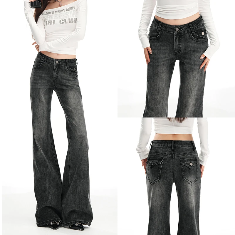 

Серые расклешенные джинсы с низкой талией для женщин Y2K 2000-х годов, повседневные невыцветающие расширяемые джинсовые брюки, винтажные джинсы Bootcut Femme 2025