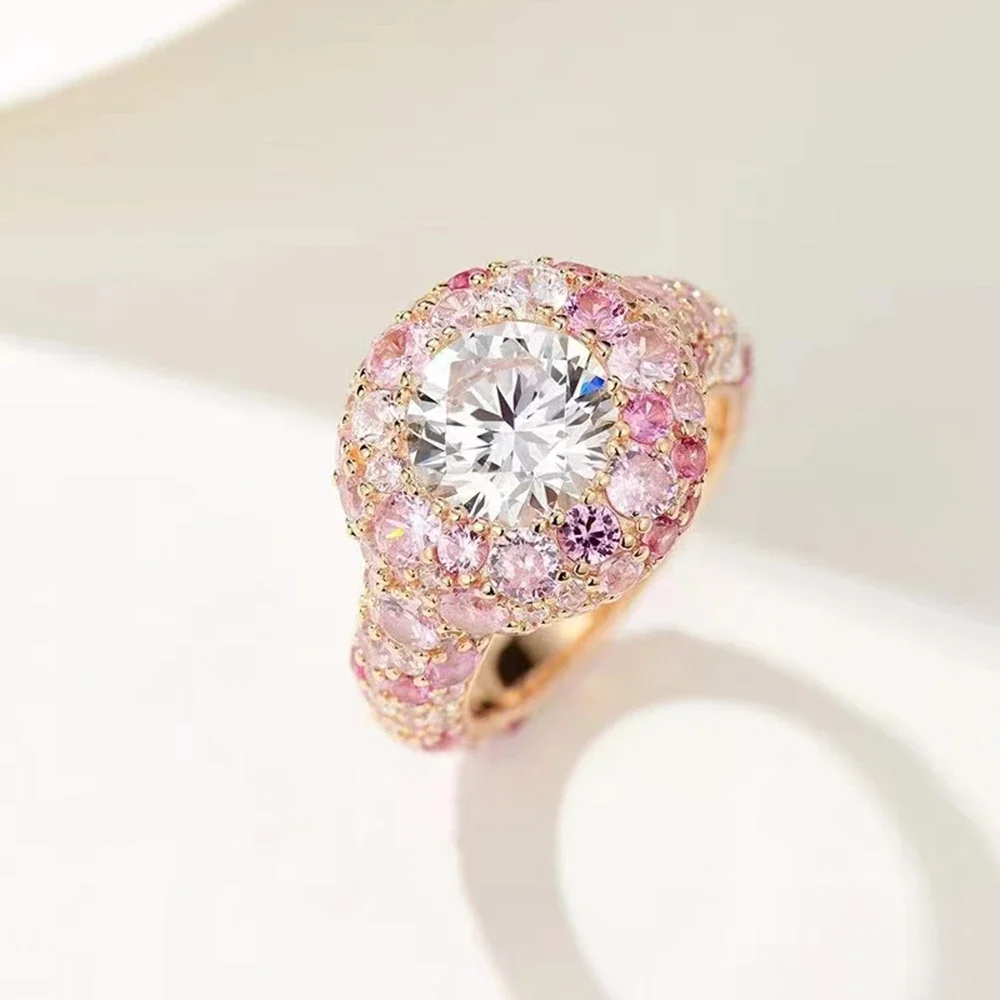 18K Gold Plated 925 Sterling Silver Ladies Ring Sparkling Round-Cut Lab Sapphire Gemstones Cocktail Girlfriend Gifts F