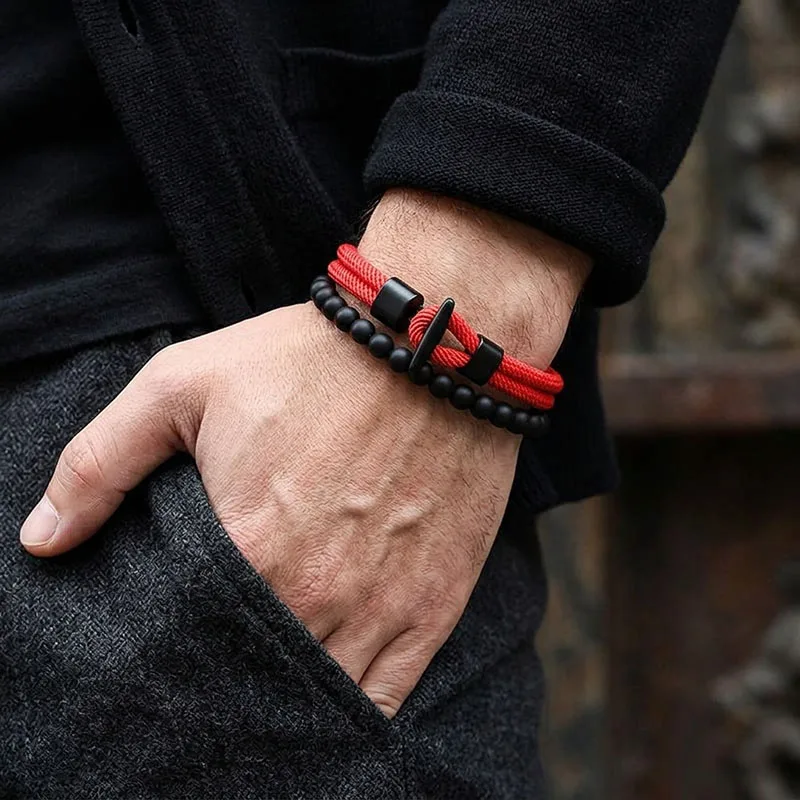 Classic 2Pcs Braided Rope Stone Elastic Bracelet Set Men Apparel Accessories Handmade Bilayer 6mm Black Beads Homme Wrist Joias