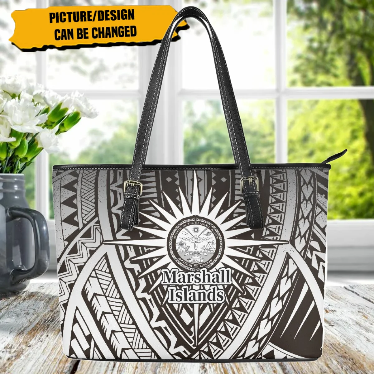 Black pattern Polynesia Handbags Marshall Island Tote Bag 2023 Design Handle Leather Zipper Storage Shoulder Bolsas Para Mujeres