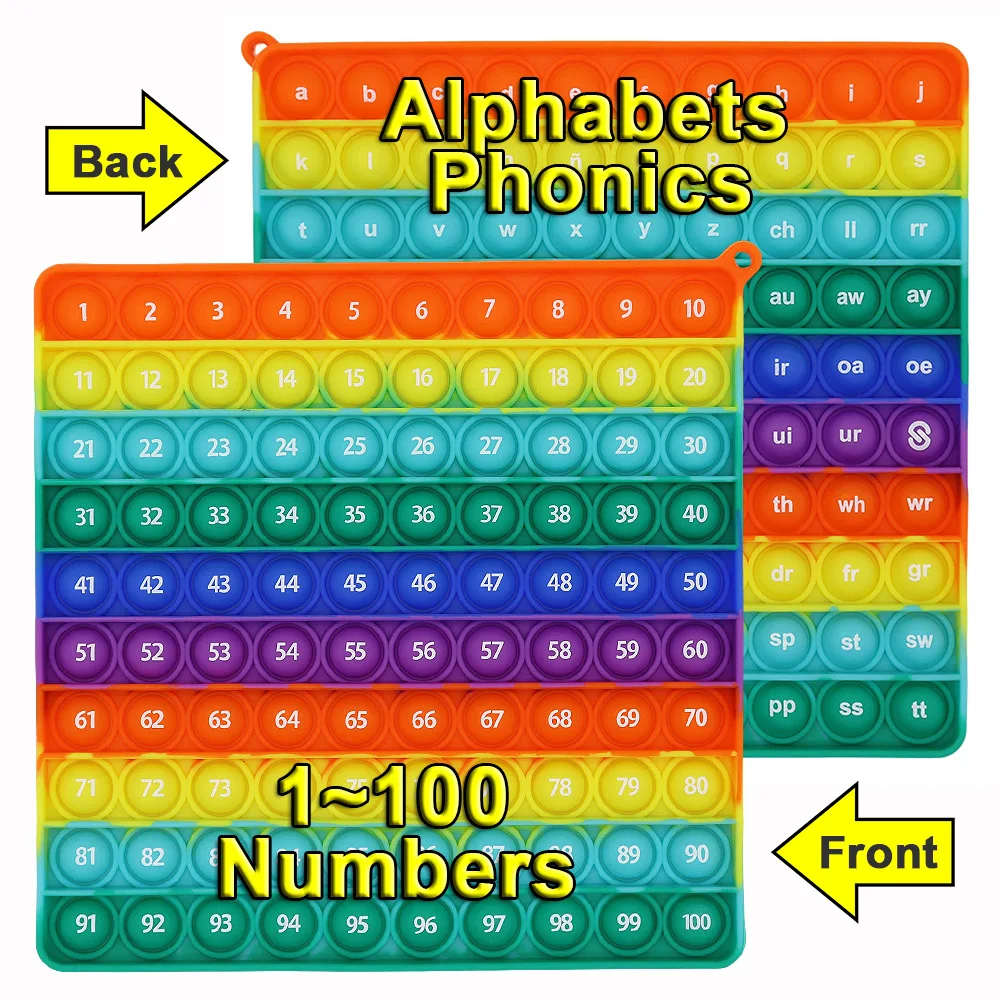 Front Numbers Back Phonics 2 in 1 Push Bubble Fidget Pop Toys, Silicone Rainbow Alphabets Math Learning Teaching Toys for Kids