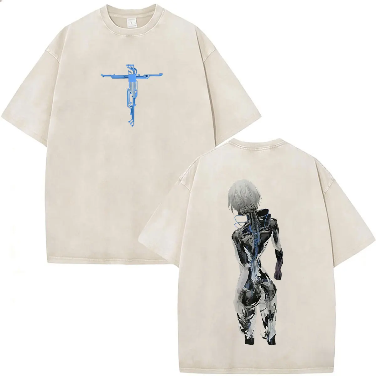 Vintage Washed Anime Ghost in The Shell Motoko Kusanagi T Shirts Men's Women Clothing Fashion Oversized Short Sleeve T-shirts
