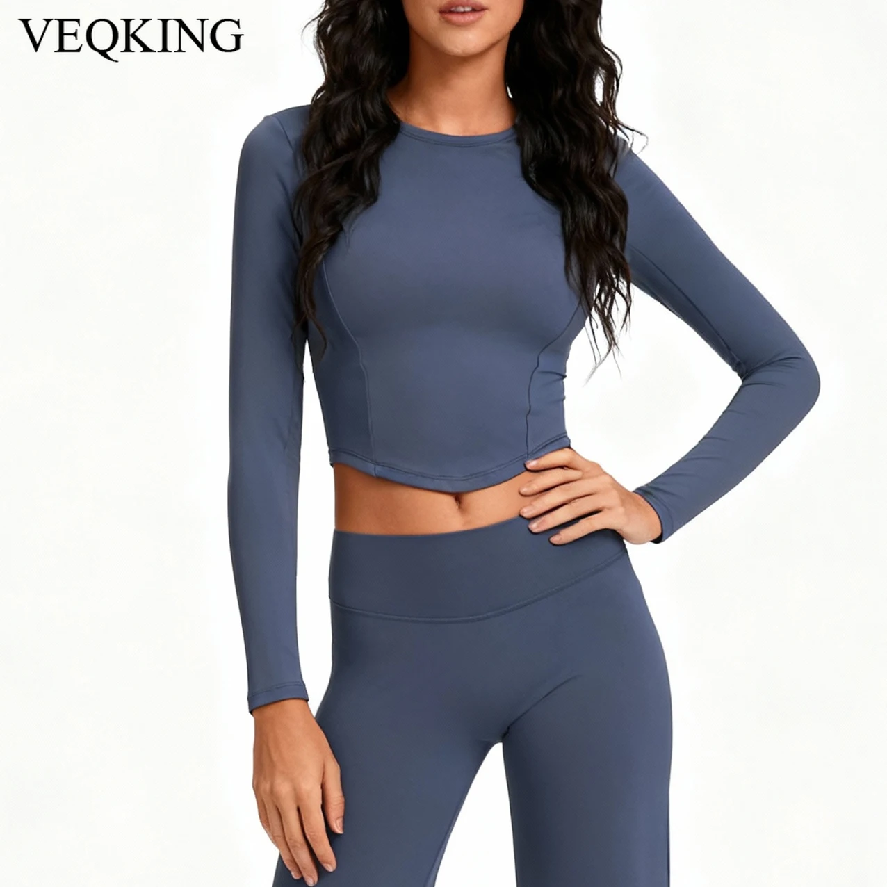 VEQKING كامل الأكمام النساء اليوغا قمصان الشتاء الدافئة الرياضة المحاصيل القمم مطاطا سليم صالح رياضة سترة بيلاتيس سريعة الجافة لينة ملابس نشطة #1